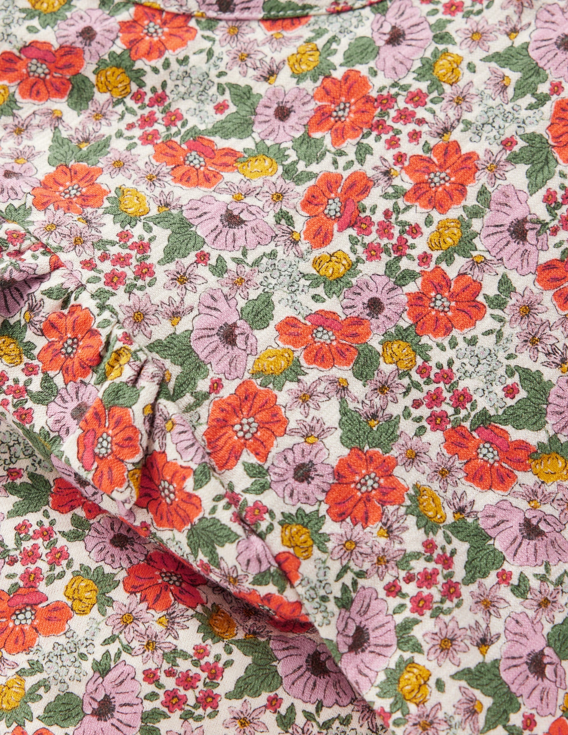 Frill Sleeve Slub Top-Soft Cream Garden Flowerbed-3