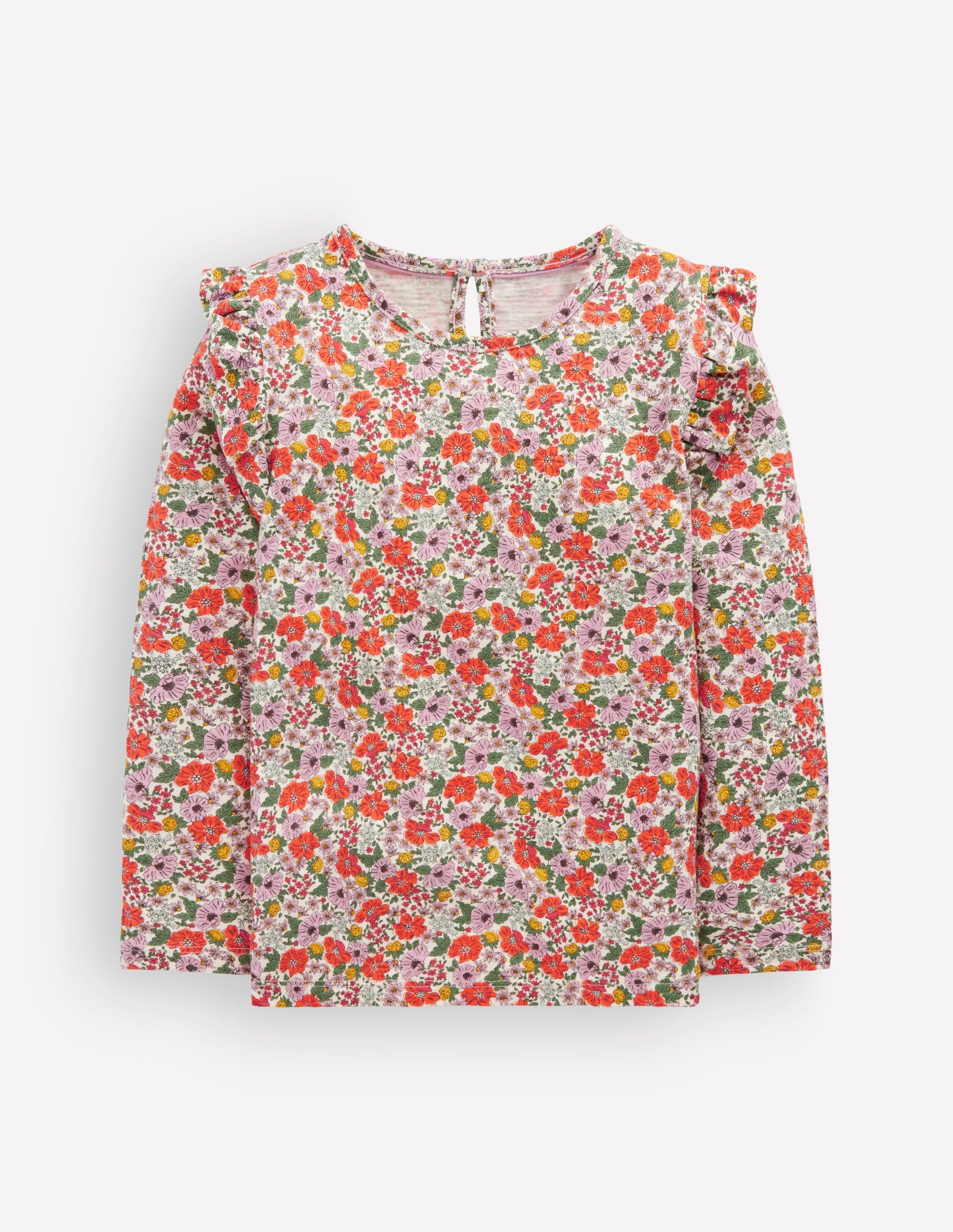 Frill Sleeve Slub Top-Soft Cream Garden Flowerbed-1