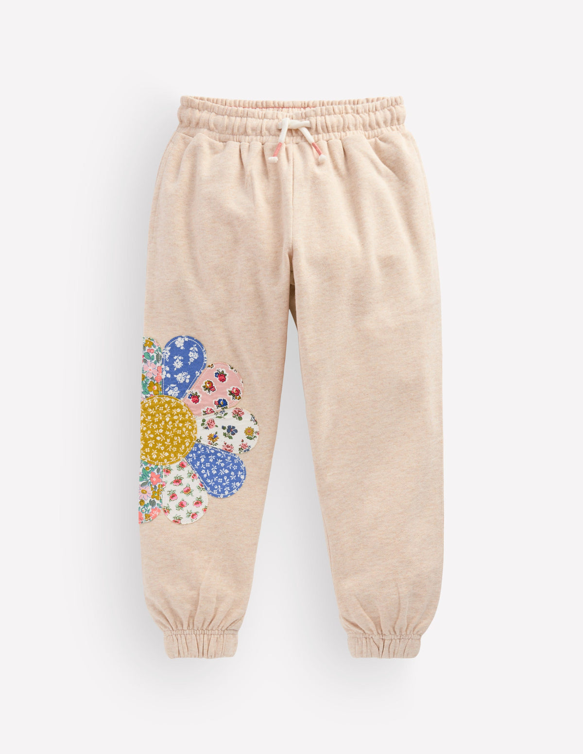Appliqué Cuffed Joggers-Oatmeal Patchwork Flower - Image 1