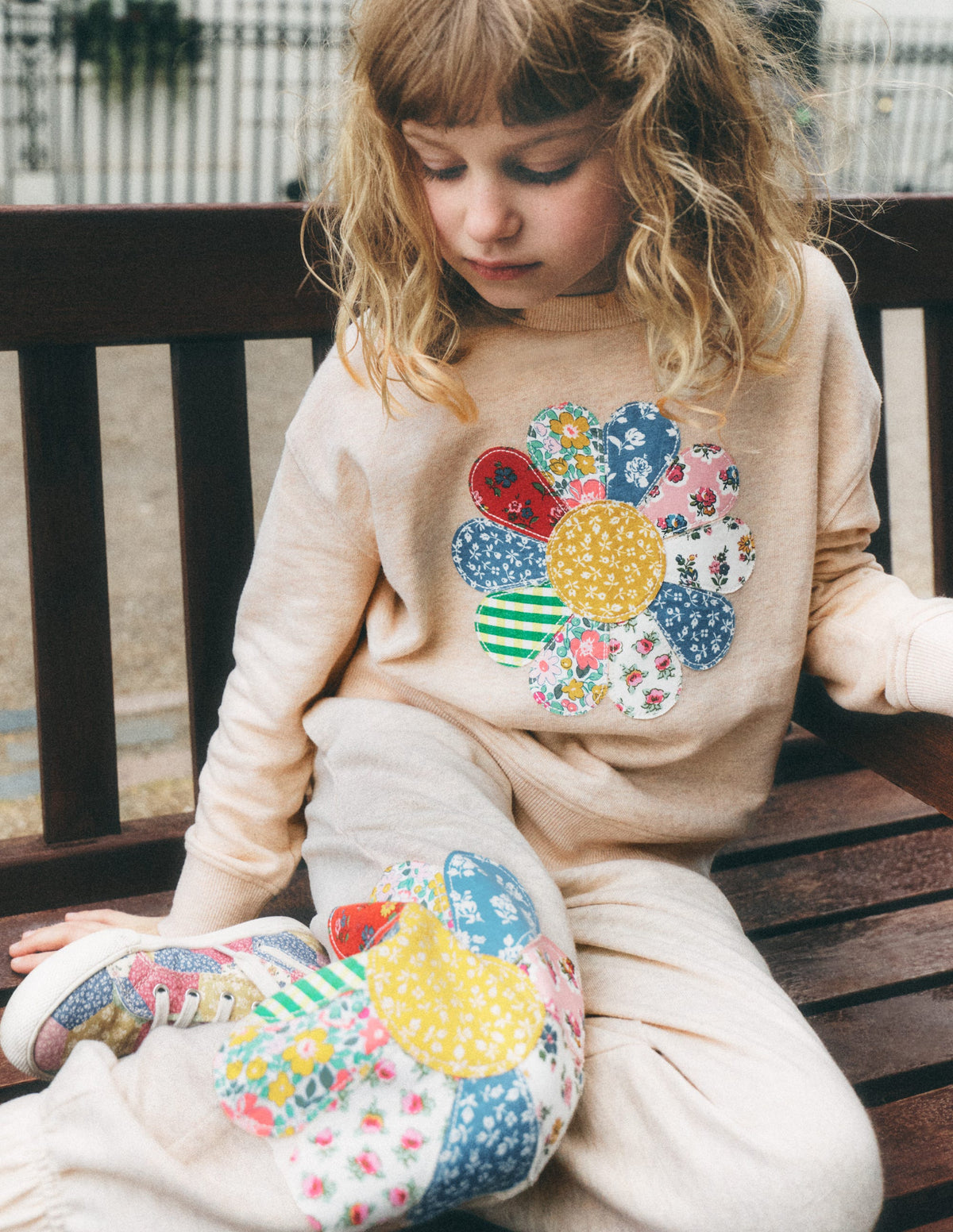 Appliqué Cuffed Joggers-Oatmeal Patchwork Flower-4
