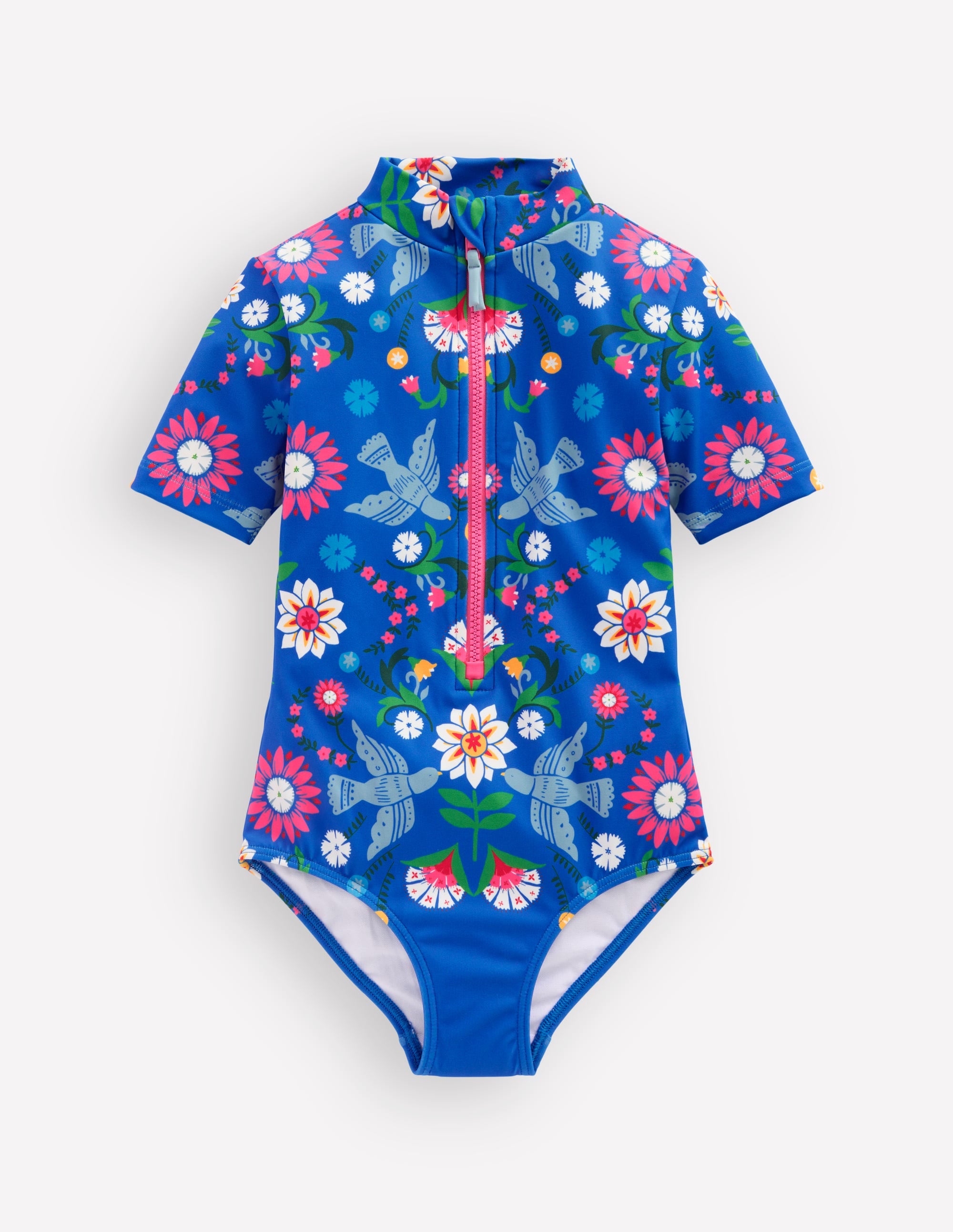 Short-sleeved Swimsuit-Kingfisher Blue Bird Floral - Image 1