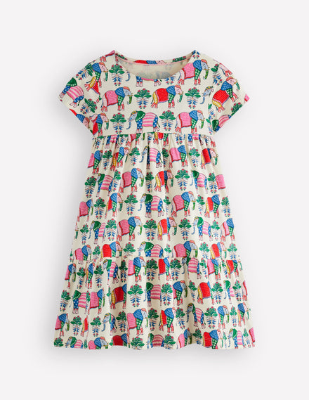Ariel Twirly Jersey Dress-Multi Elephant Woodblock