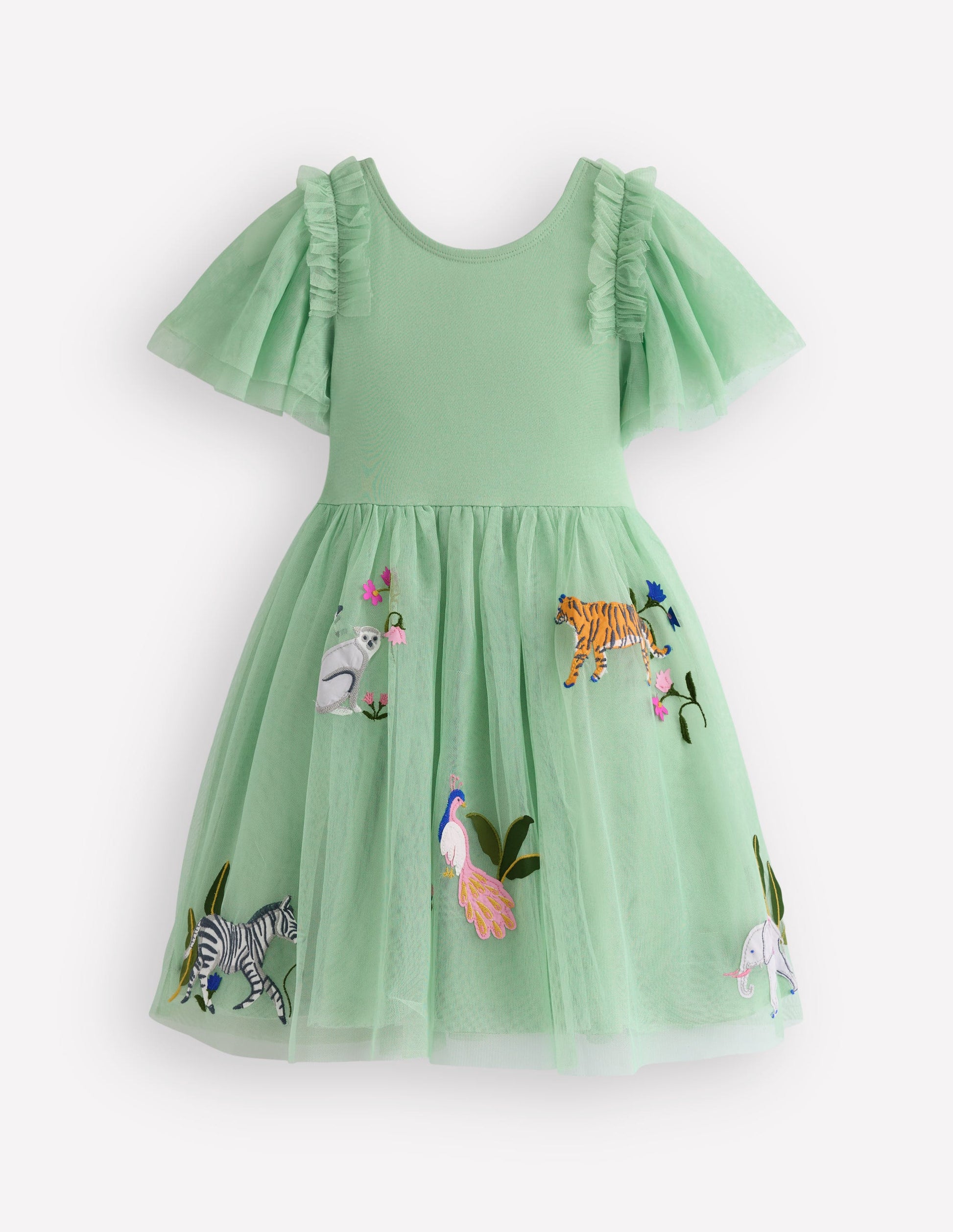 Short Sleeve Logo Tulle Dress-Green Jungle Animals-1