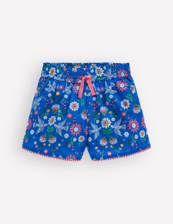 Pull-on Vacation Shorts-Kingfisher Blue Bird Floral