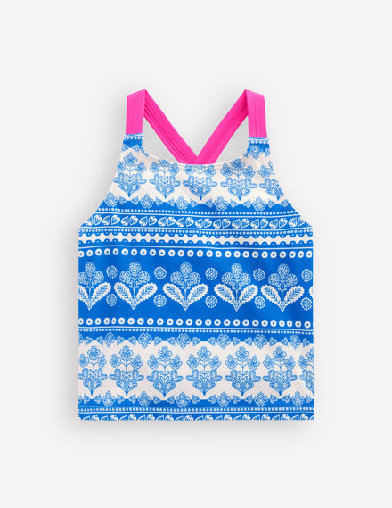 Cross-Back Tankini Top-Azure Blue Woodblock