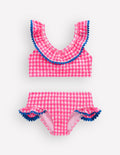 Frill V-neck Bikini Set-Neon Pink Gingham