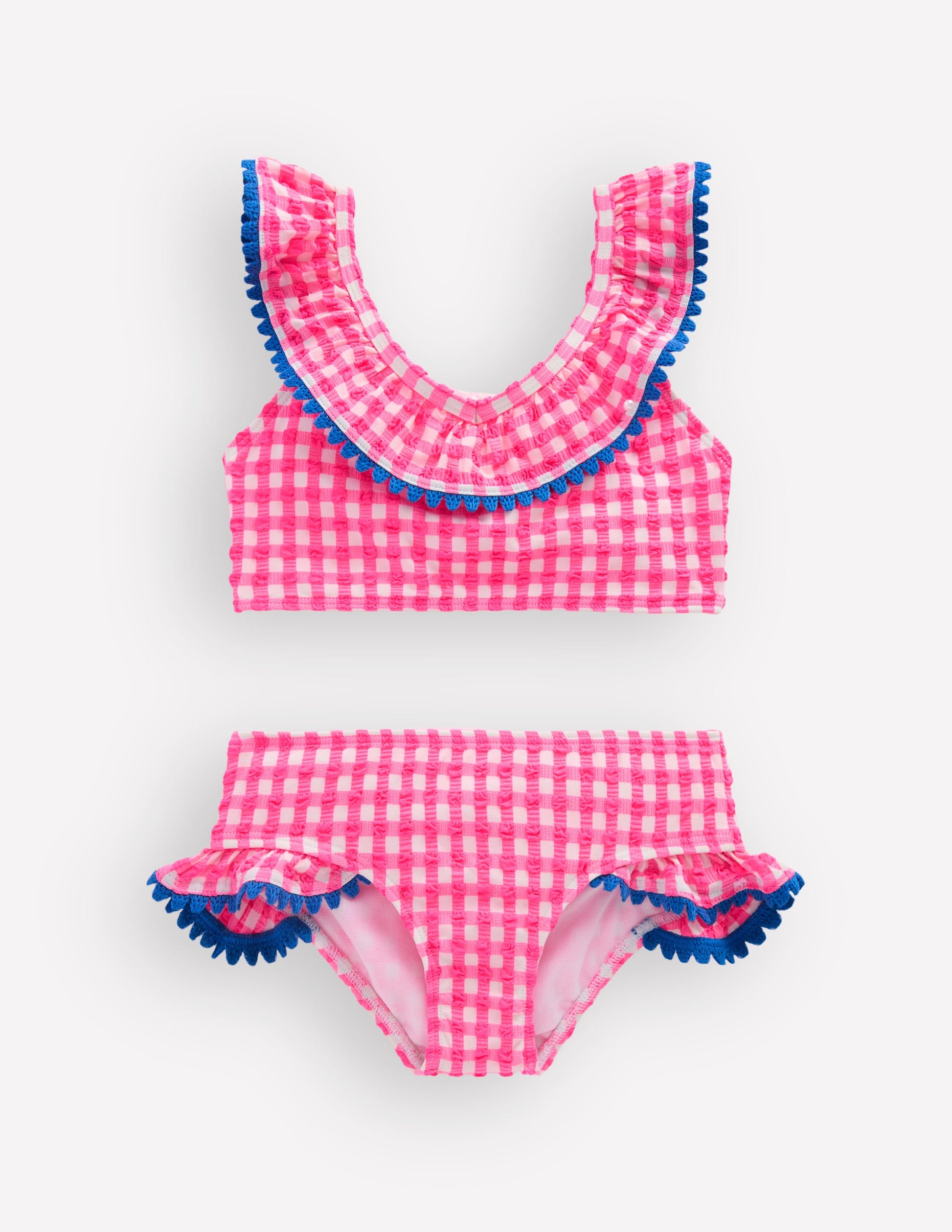 Frill V-neck Bikini Set-Neon Pink Gingham-2