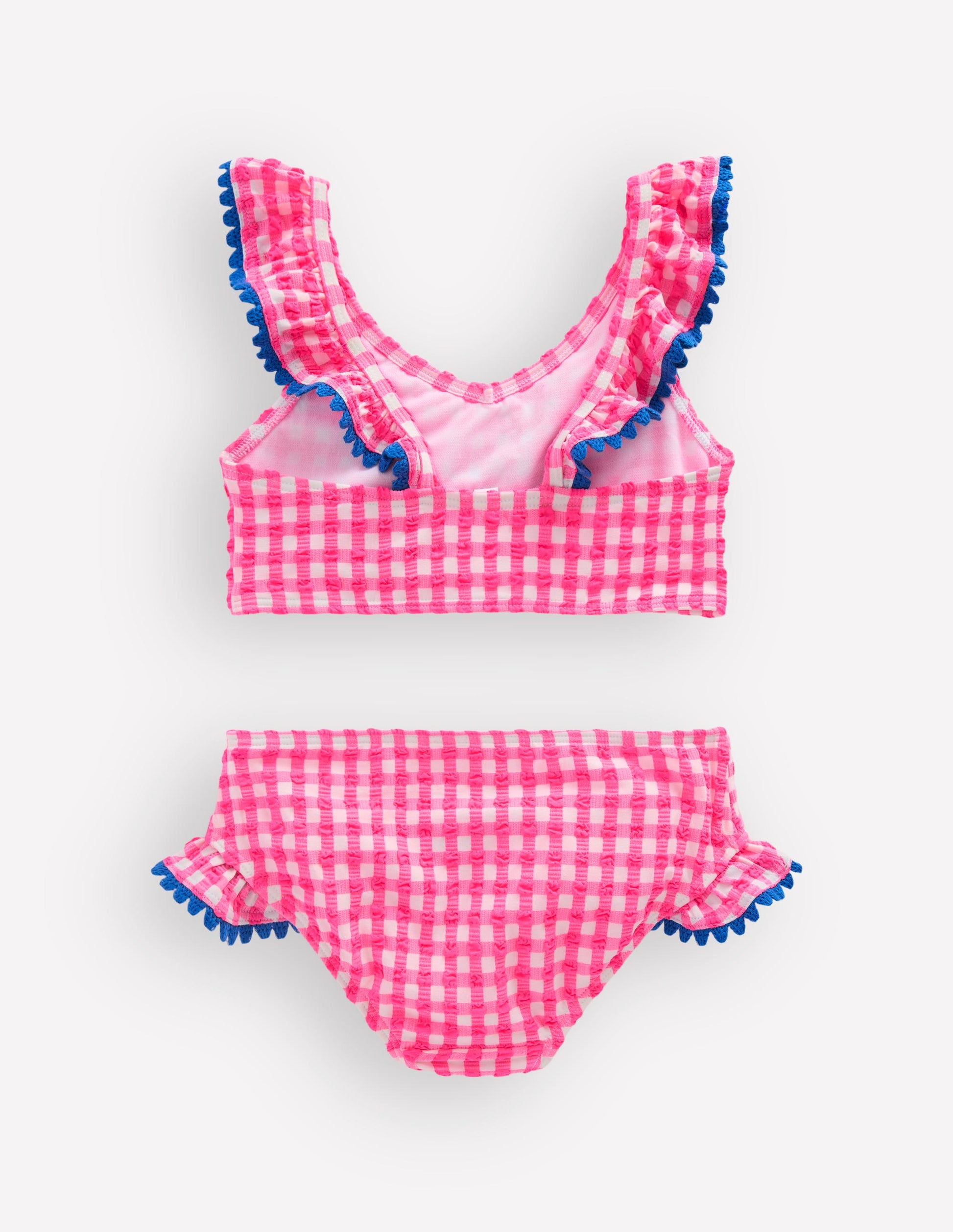 Frill V-neck Bikini Set-Neon Pink Gingham-3