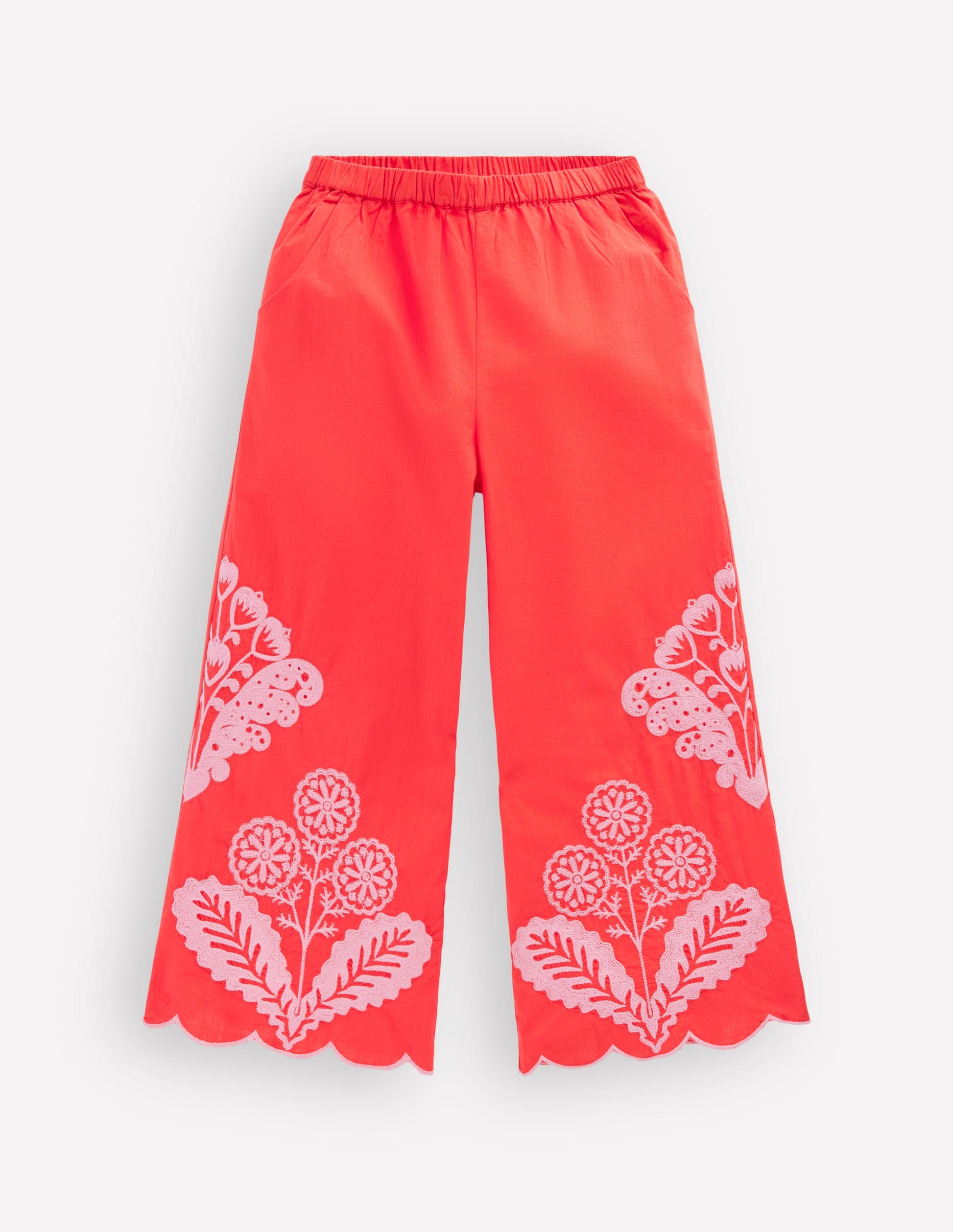 Scallop Hem Pants-Spicy Red Neon Embroidery-1