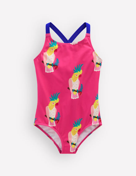 Cross-Back Printed Swimsuit-Pink Tropical Bird