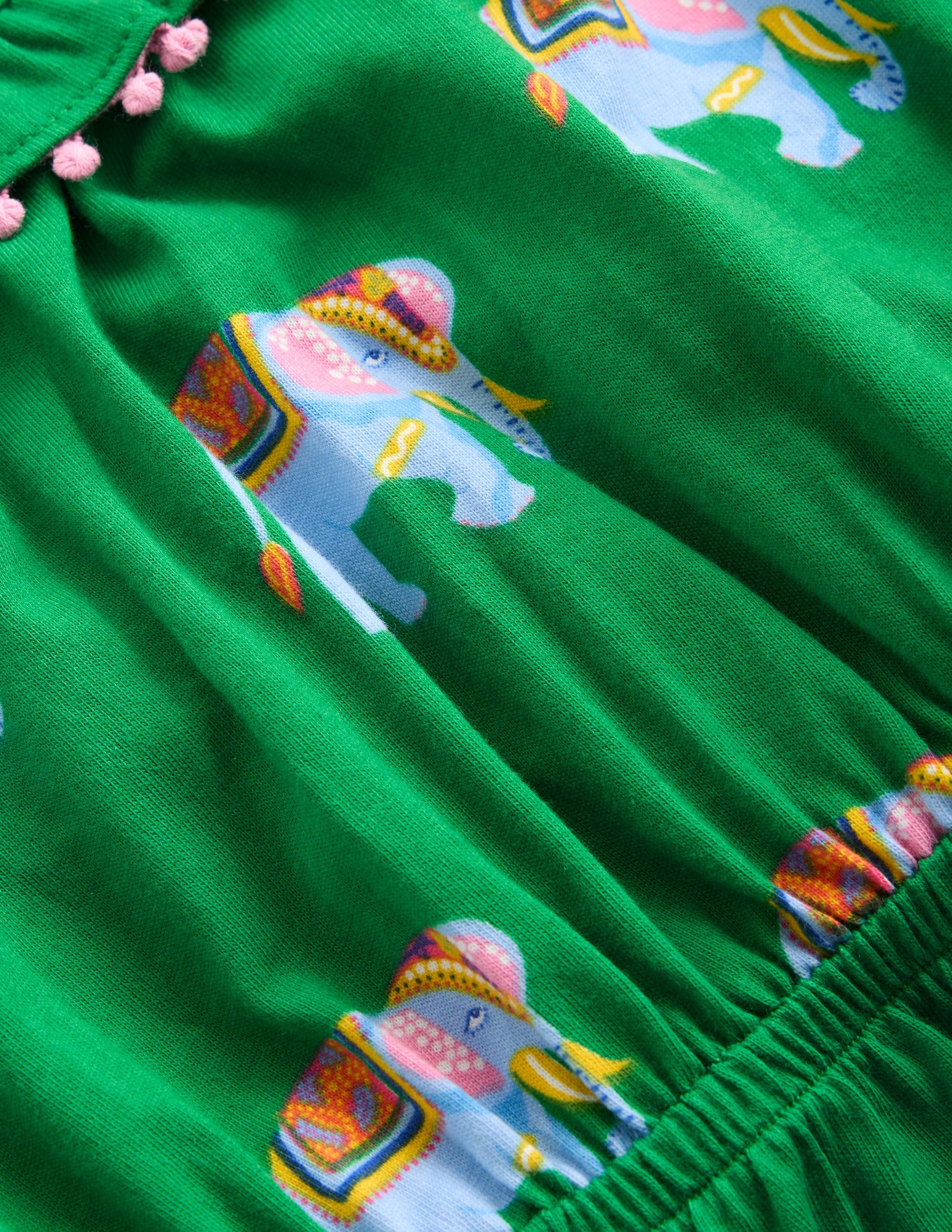 Ruffle Neck Trim Dress-Highland Green Elephants-4