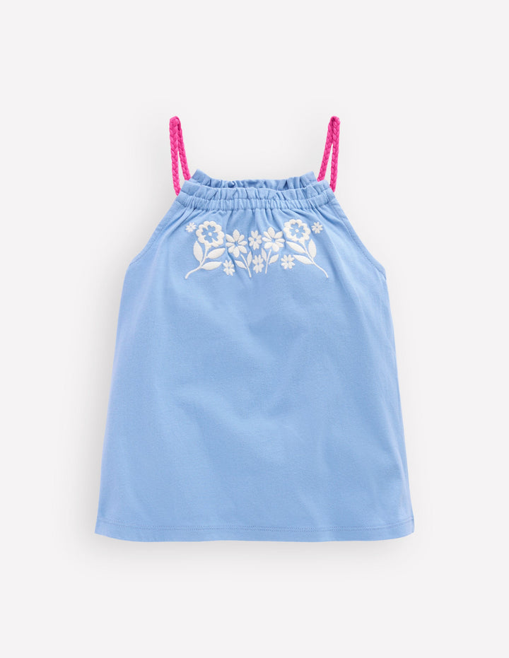 Plaited Strap Embroidered Tank-Forget Me Not Blue
