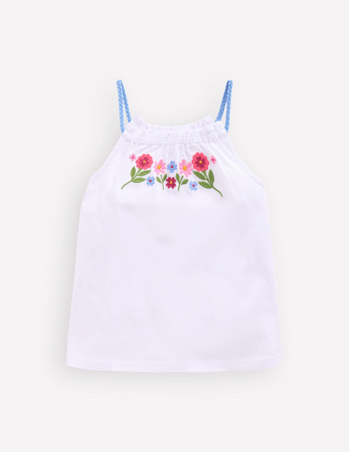 Plaited Strap Embroidered Tank-White Embroidery