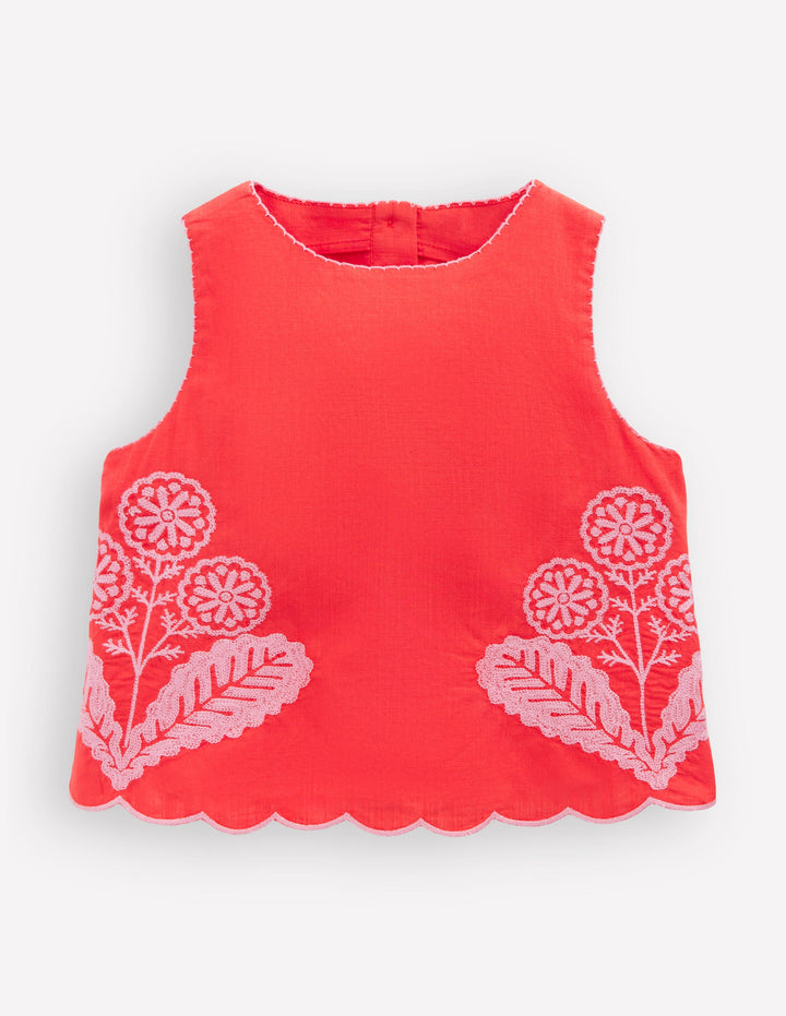 Woven Shell Top-Spicy Red Neon Embroidery