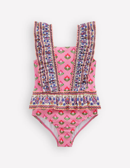 Frill Peplum Swimsuit-Pink Multi Woodblock