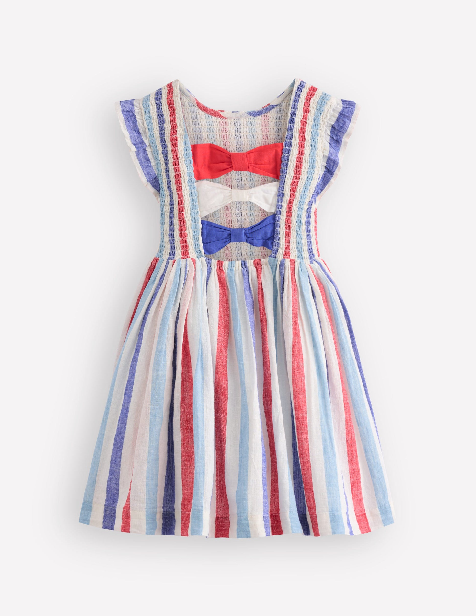 Bow Back Shirred Dress-Bright Blue/ Poppy Red Stripe-4