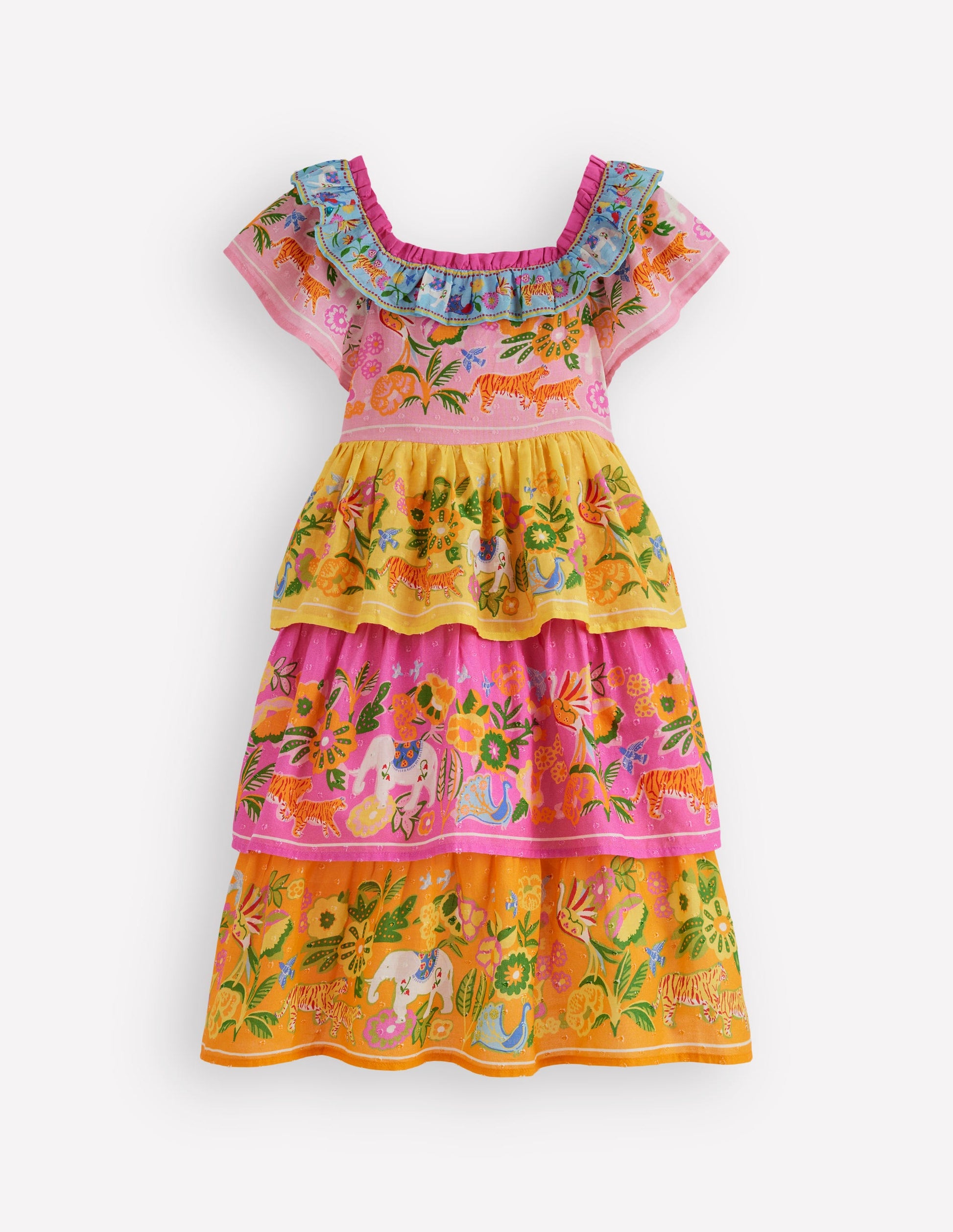 Tiered Ruffle Woven Dress-Sunflower Yellow Jungle Animal-2