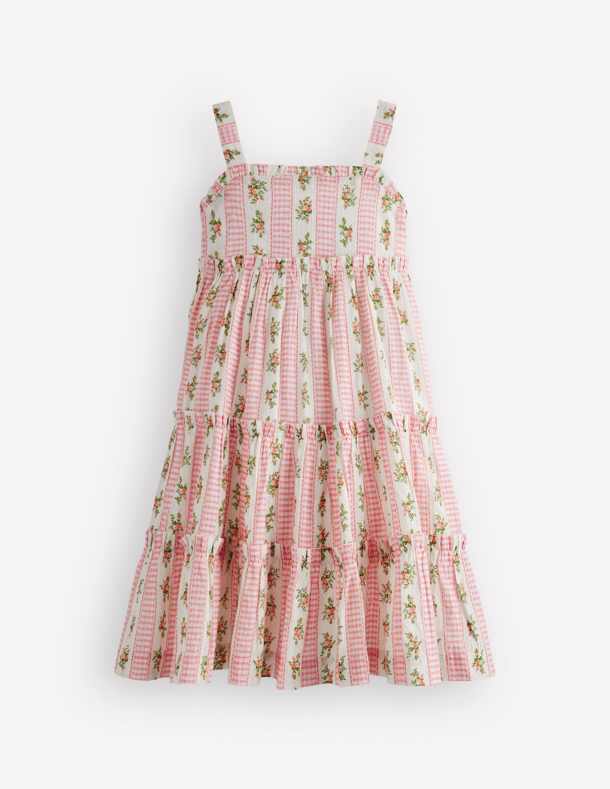 Tiered Midi Sundress-Soft Ivory Gingham Floral - Image 1