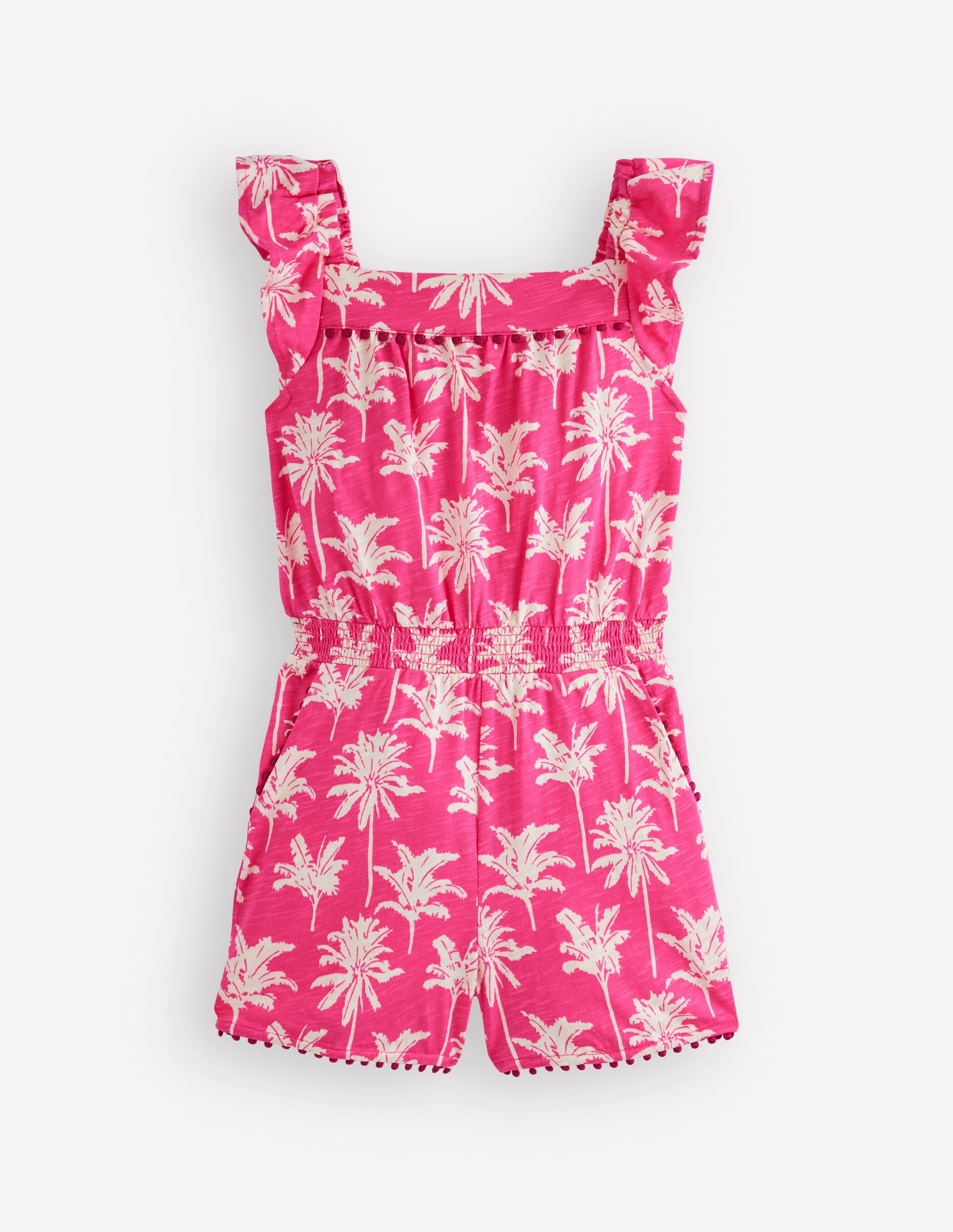 Ciara Pom Trim Jersey Romper-Pink Palm Trees-1