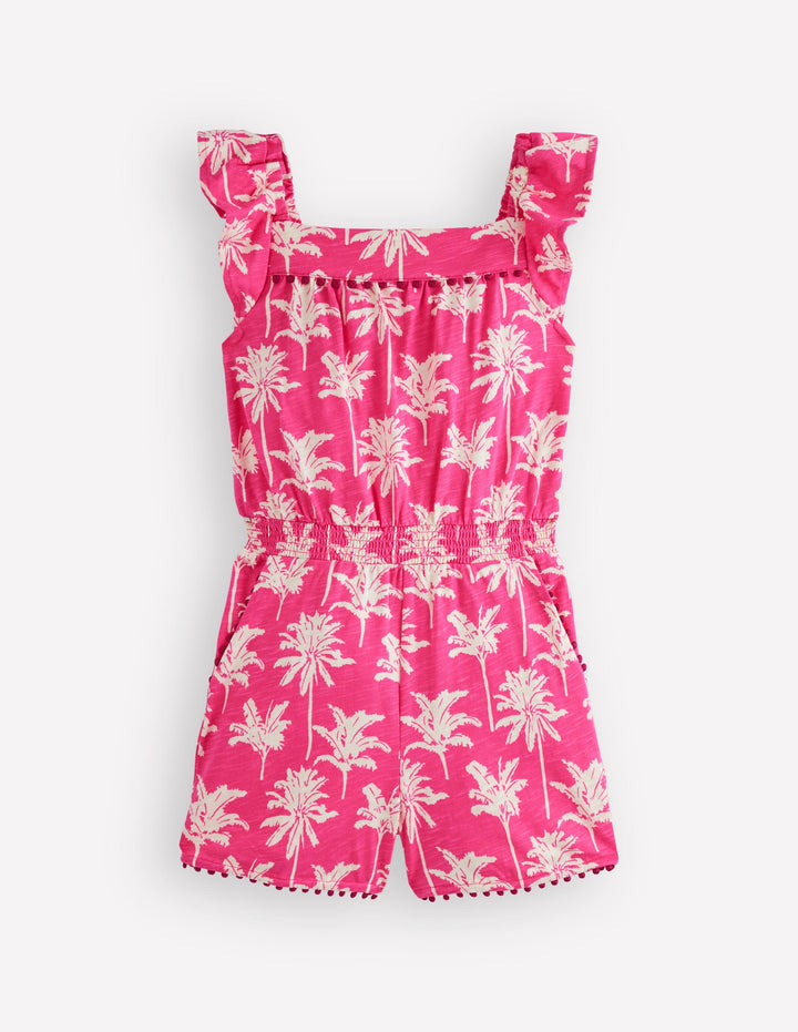 Ciara Pom Trim Jersey Romper-Pink Palm Trees