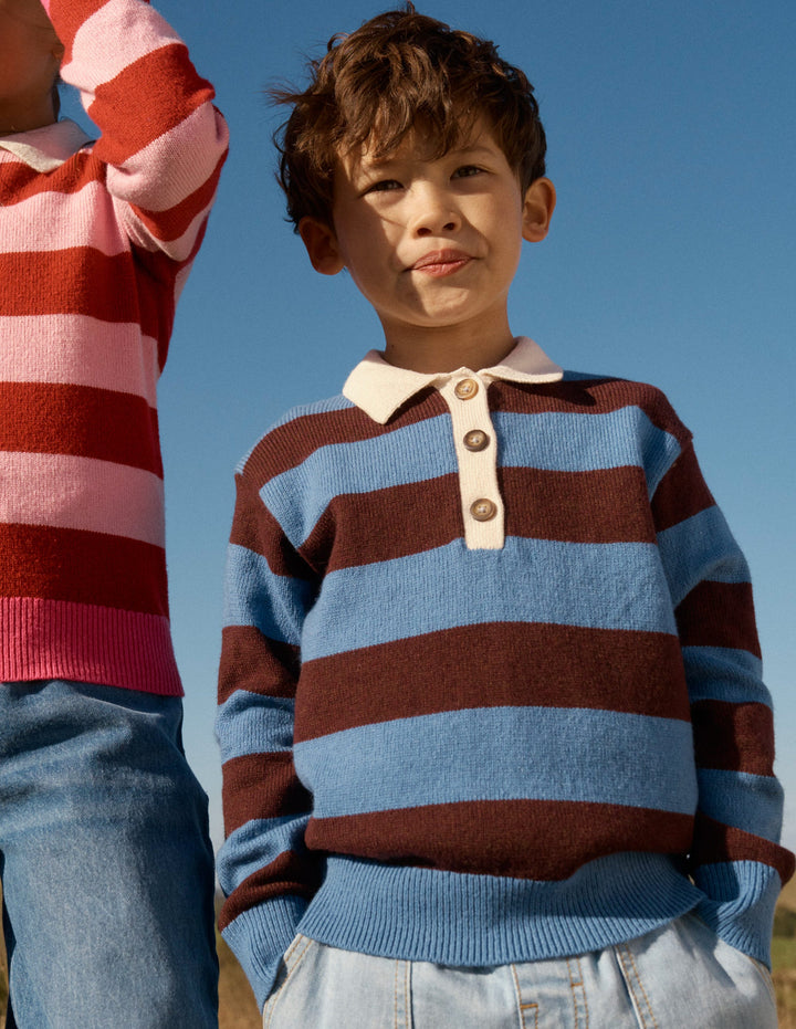 Knitted Rugby Sweater-Blue and Brown Stripe