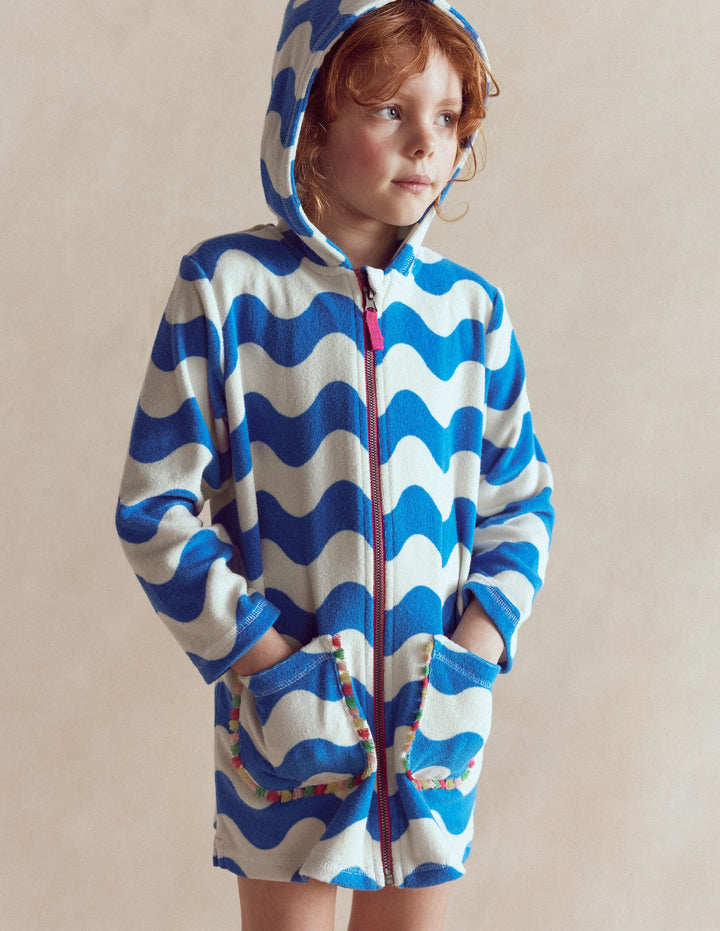 Romie Towelling Zip Throw-On-Blue and Ivory Wave