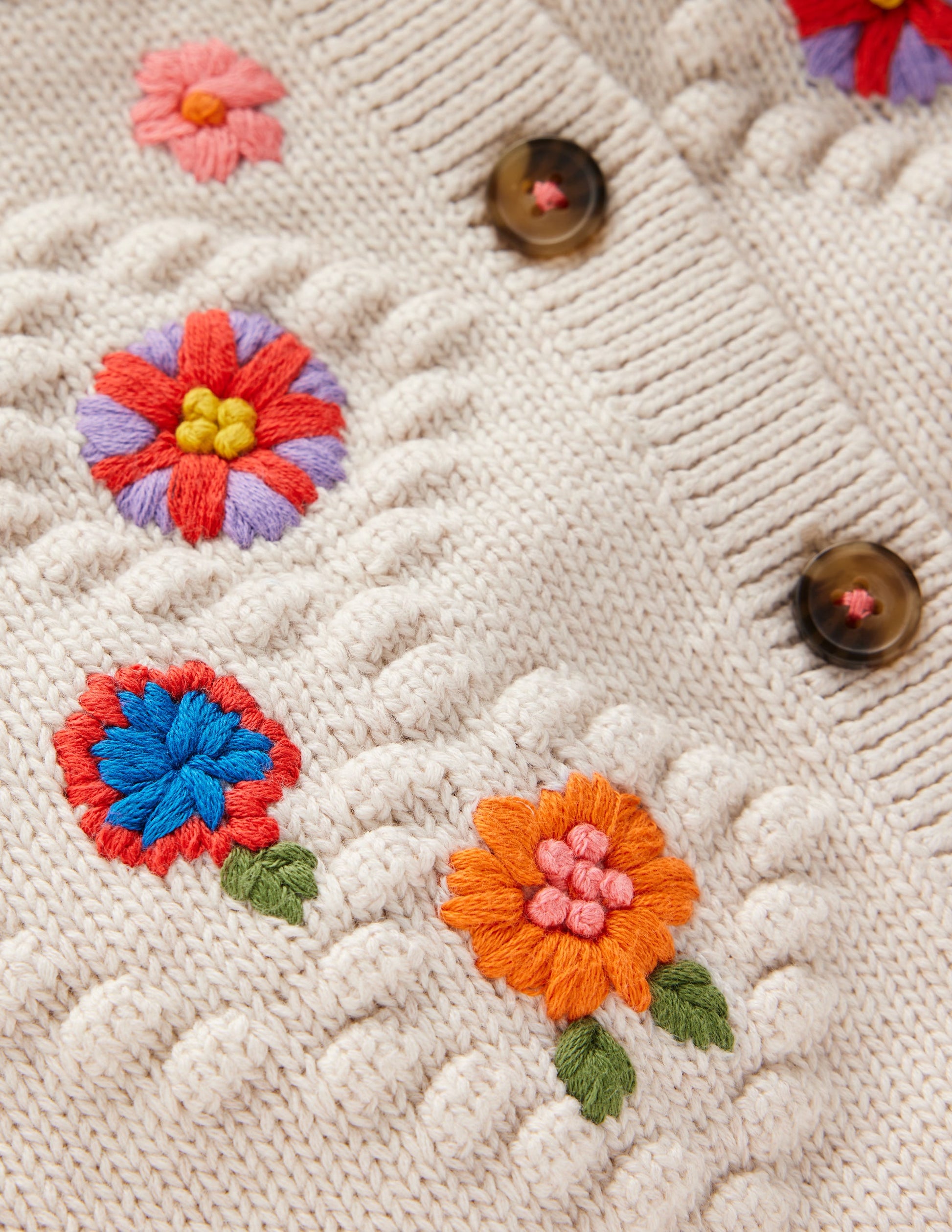 Cotton Embroidered Cardigan-Ecru Marl Flowers-6