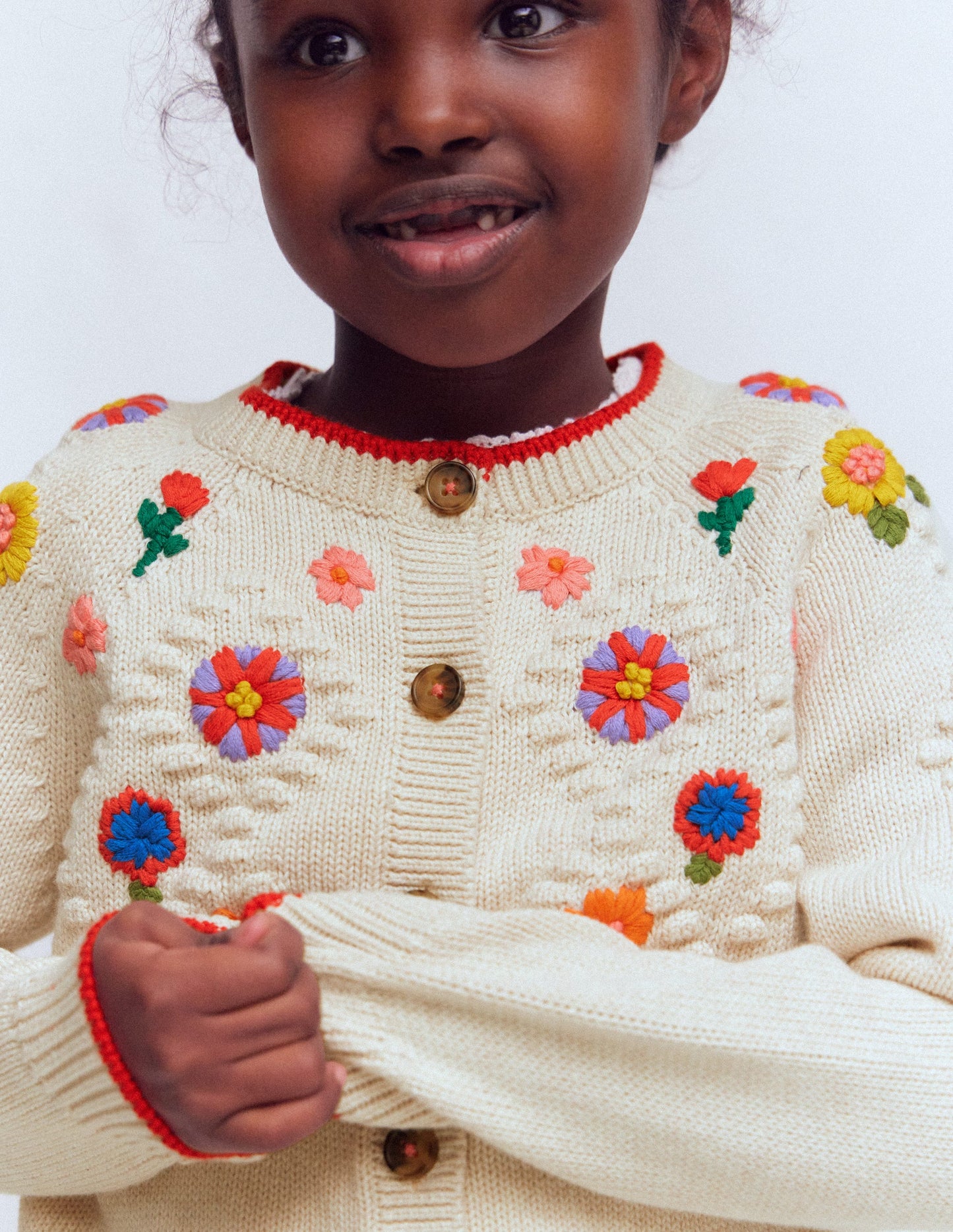 Cotton Embroidered Cardigan-Ecru Marl Flowers