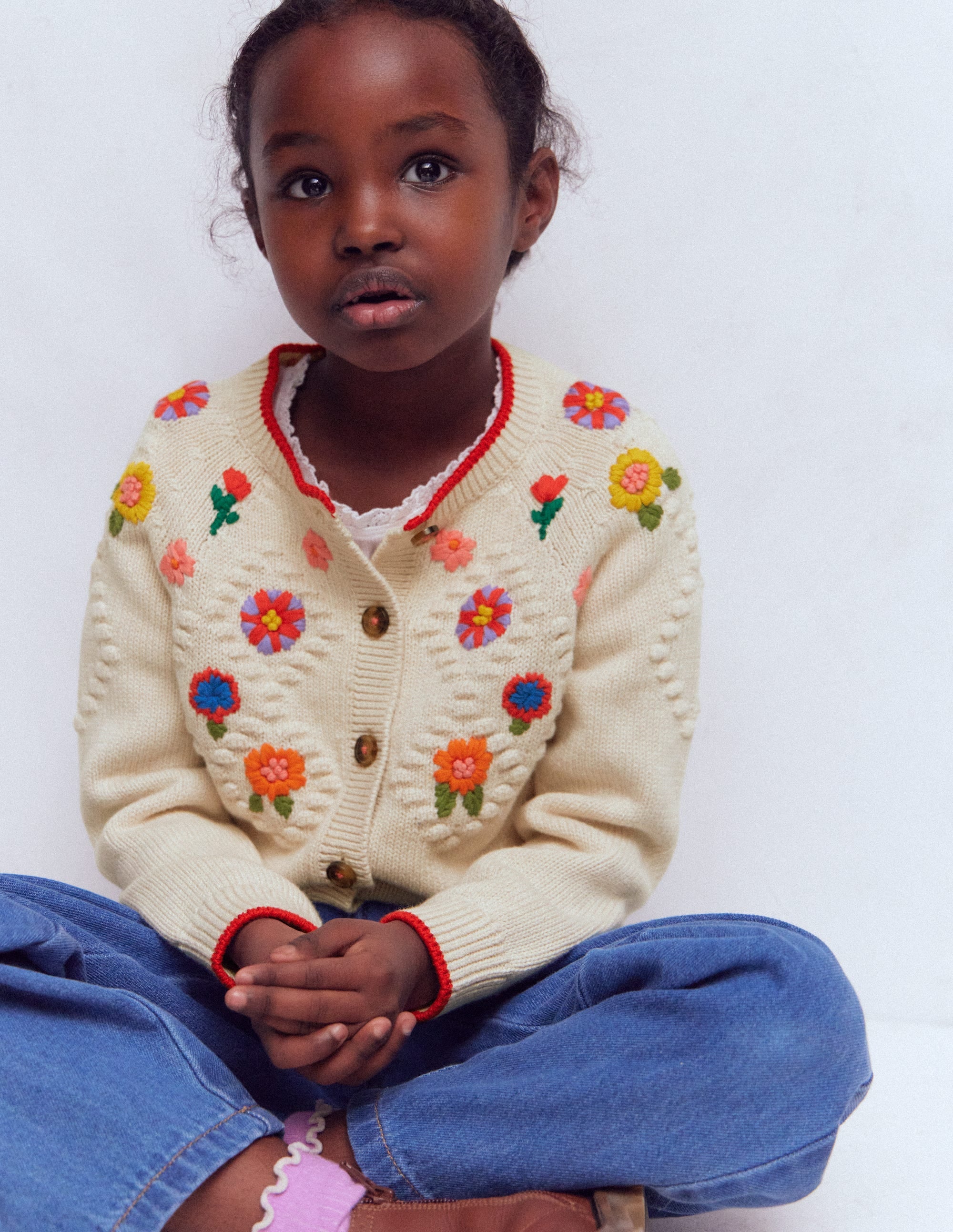 Cotton Embroidered Cardigan-Ecru Marl Flowers - Image 3