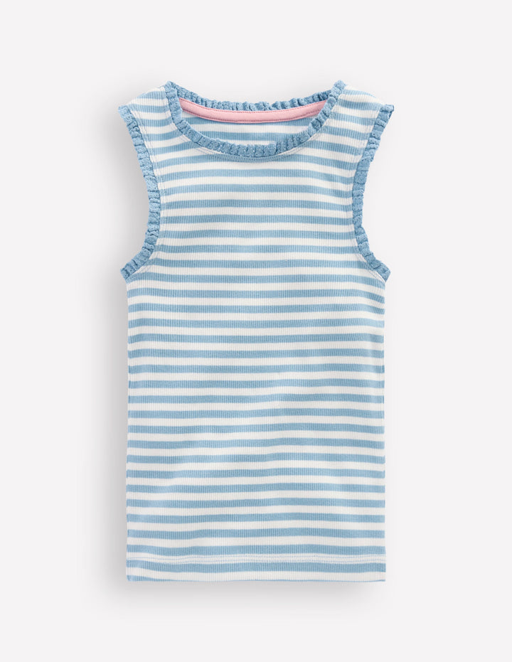 Ribbed Lace Trim Tank Top-Glacier Blue Stripe