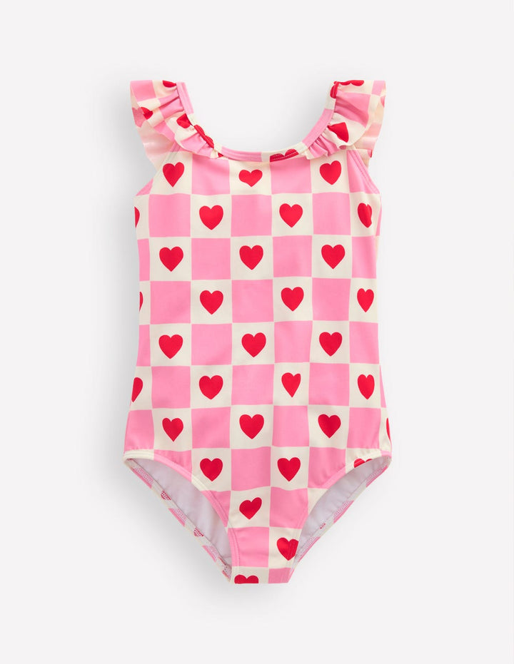 Hallie Frill Strap Swimsuit-Bubblegum Pink Heart Stamp