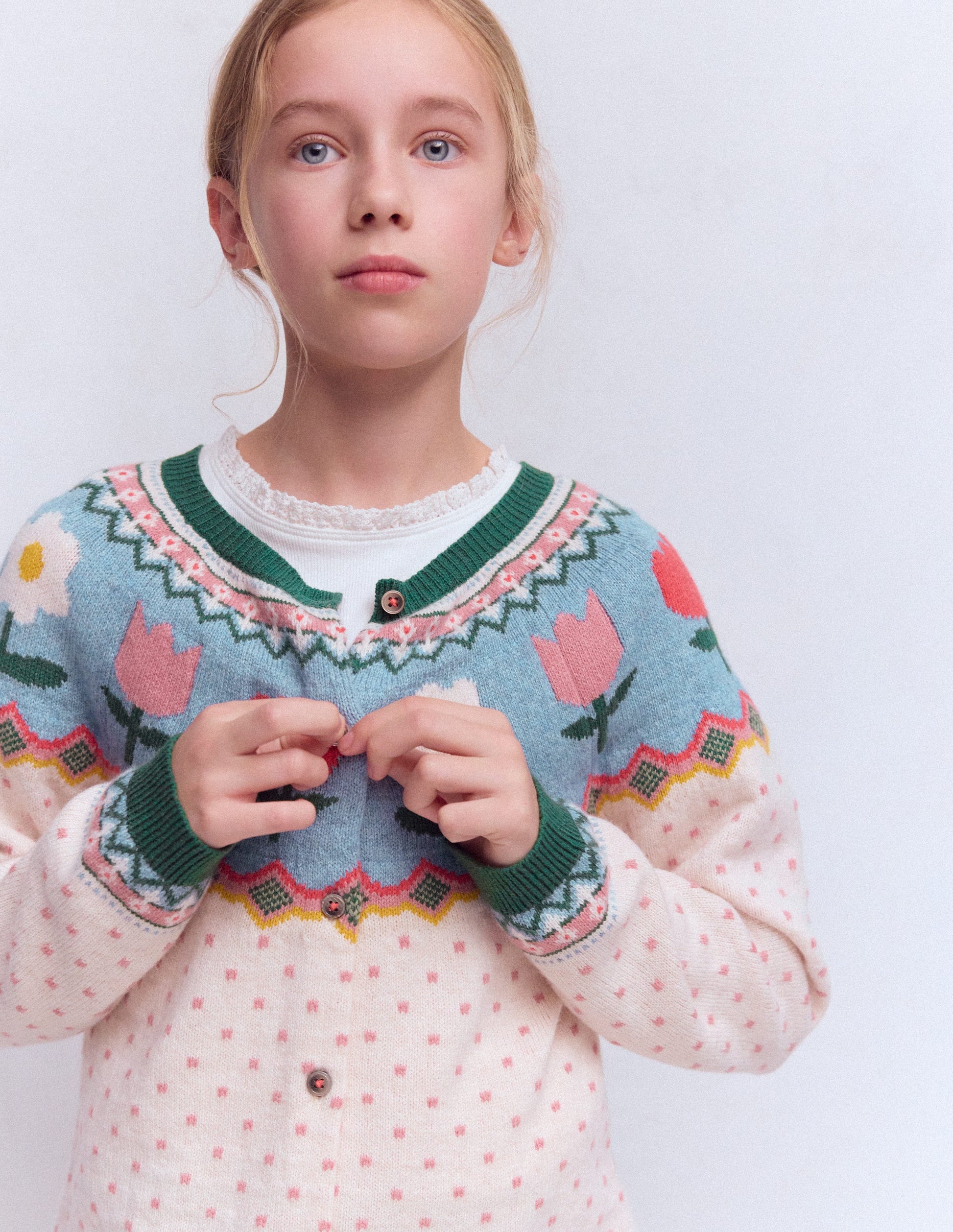 Edie Fair Isle Cardigan-Ecru Marl Spot FLowers-1