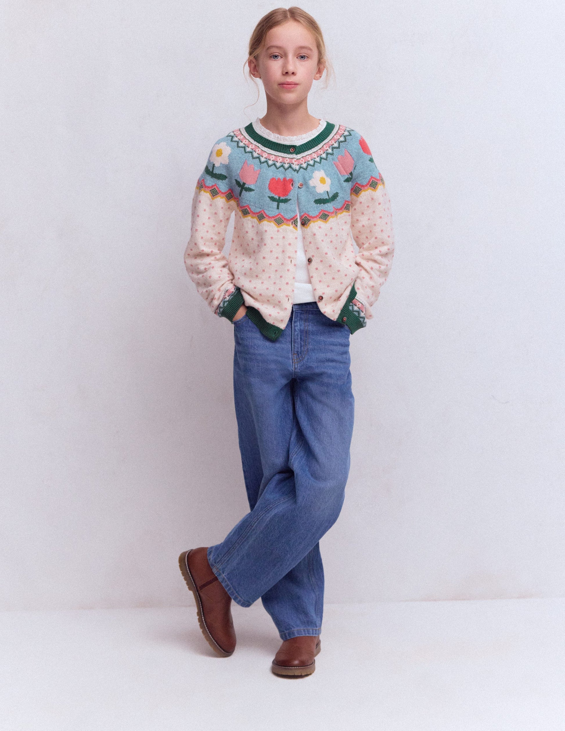 Edie Fair Isle Cardigan-Ecru Marl Spot FLowers-2