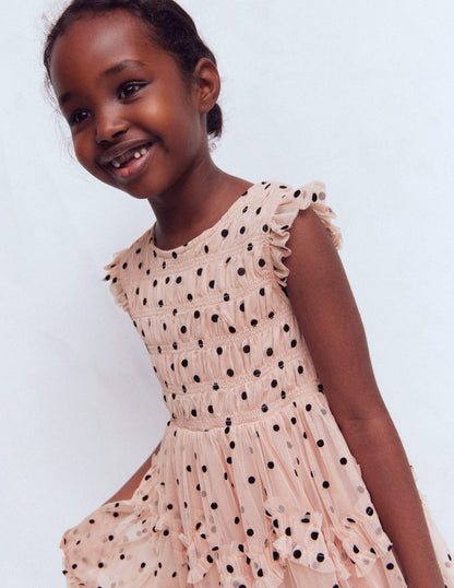 Tulle Bow Occasion Dress-Rose Smoke Flock Spot-2