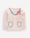 Puff Sleeve Appliqué  T-shirt-Lotus Necklace Stripe
