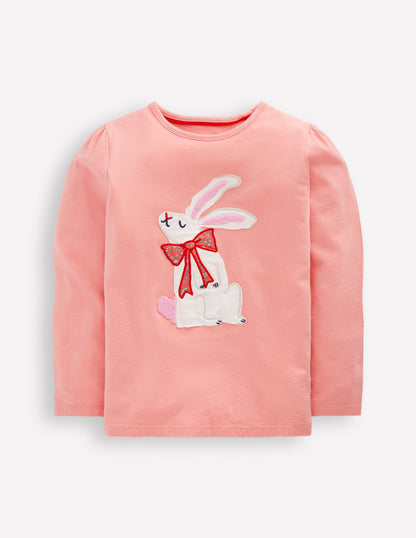 Puff Sleeve Appliqué  T-shirt-Pink Bunny-1