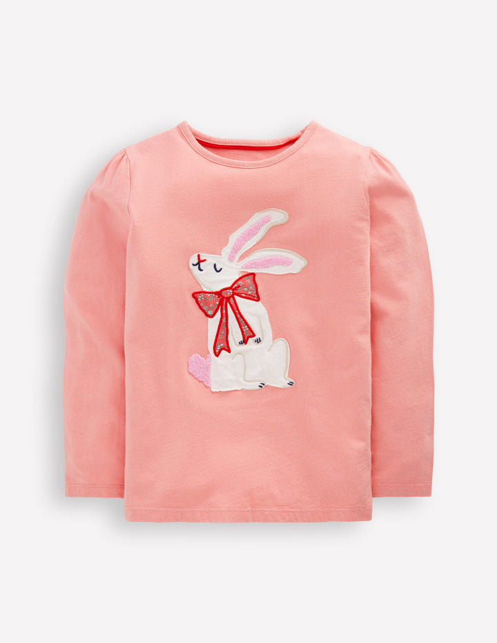 Puff Sleeve Appliqué  T-shirt-Pink Bunny