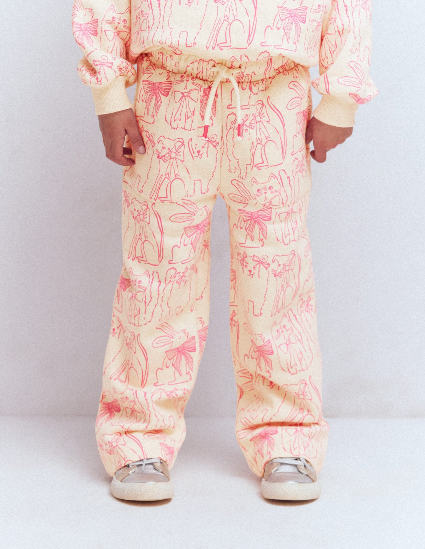 Wide Leg Printed Sweatpants-Oatmeal Cats