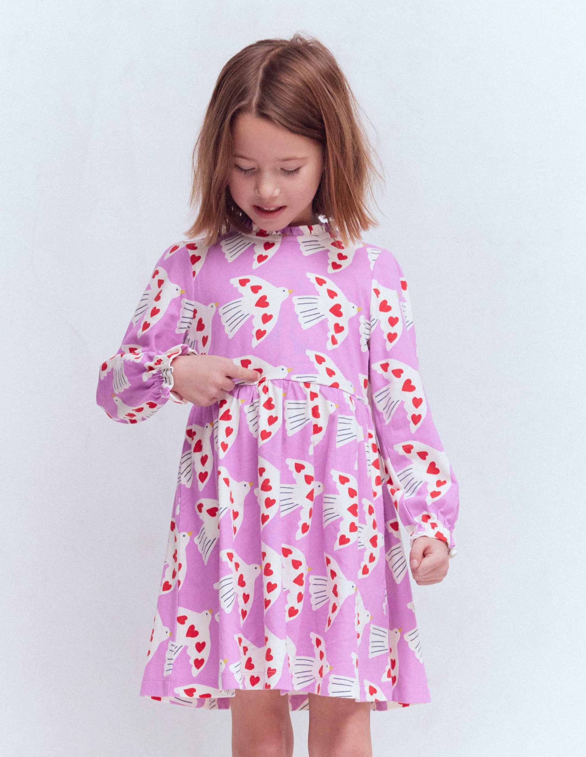 Blouson Sleeve Jersey Dress-Pale Pansy Love Birds-1