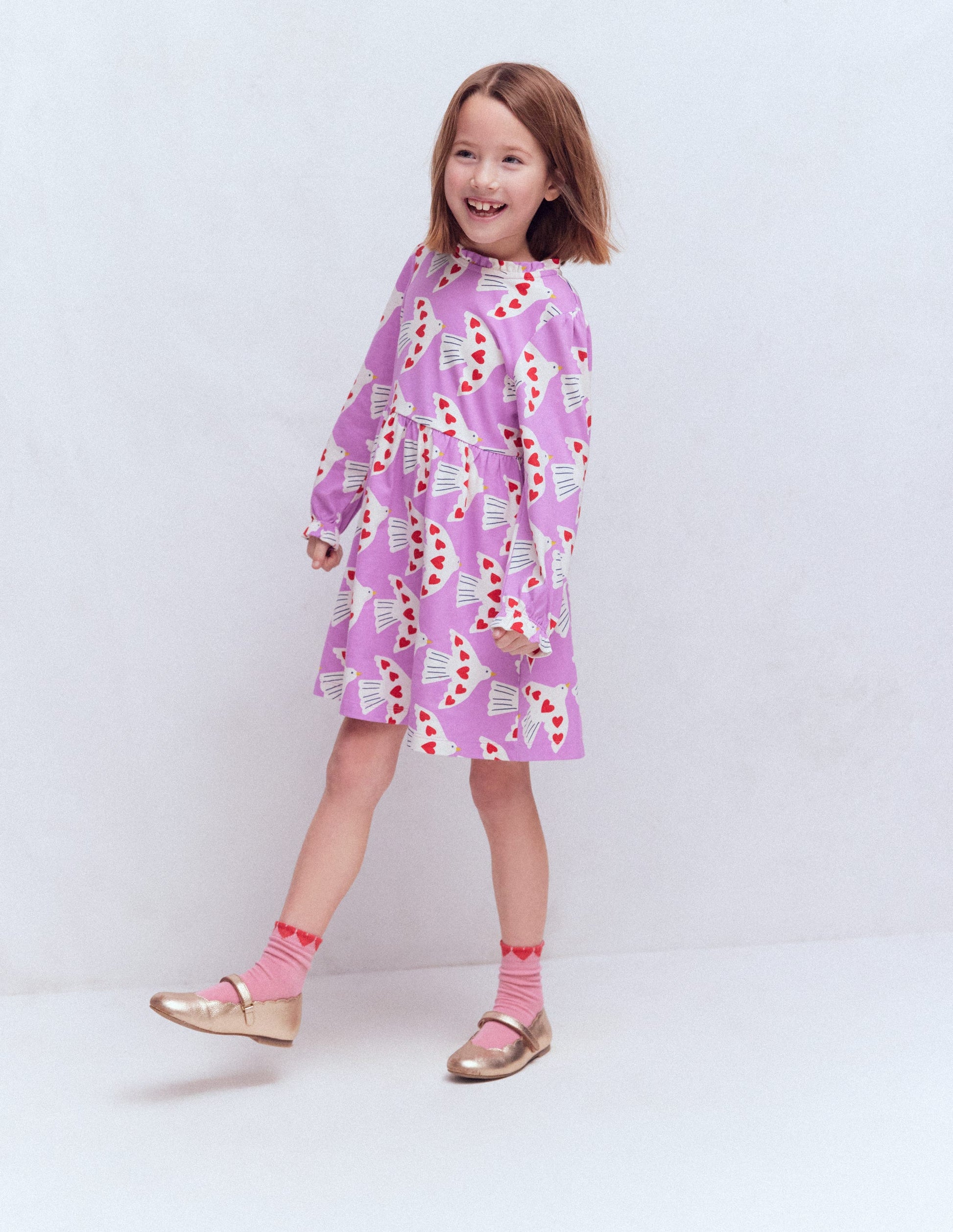 Blouson Sleeve Jersey Dress-Pale Pansy Love Birds-2