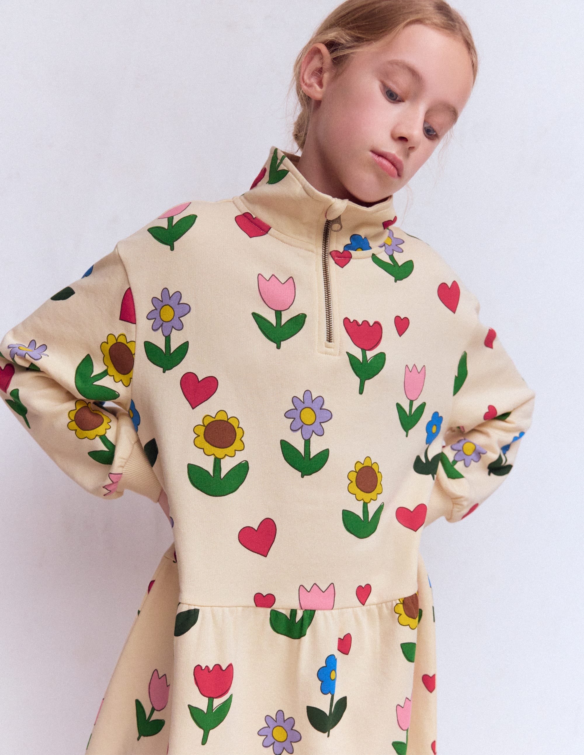 Half Zip Sweat Dress-Calico White Sunflower Garden - Image 1