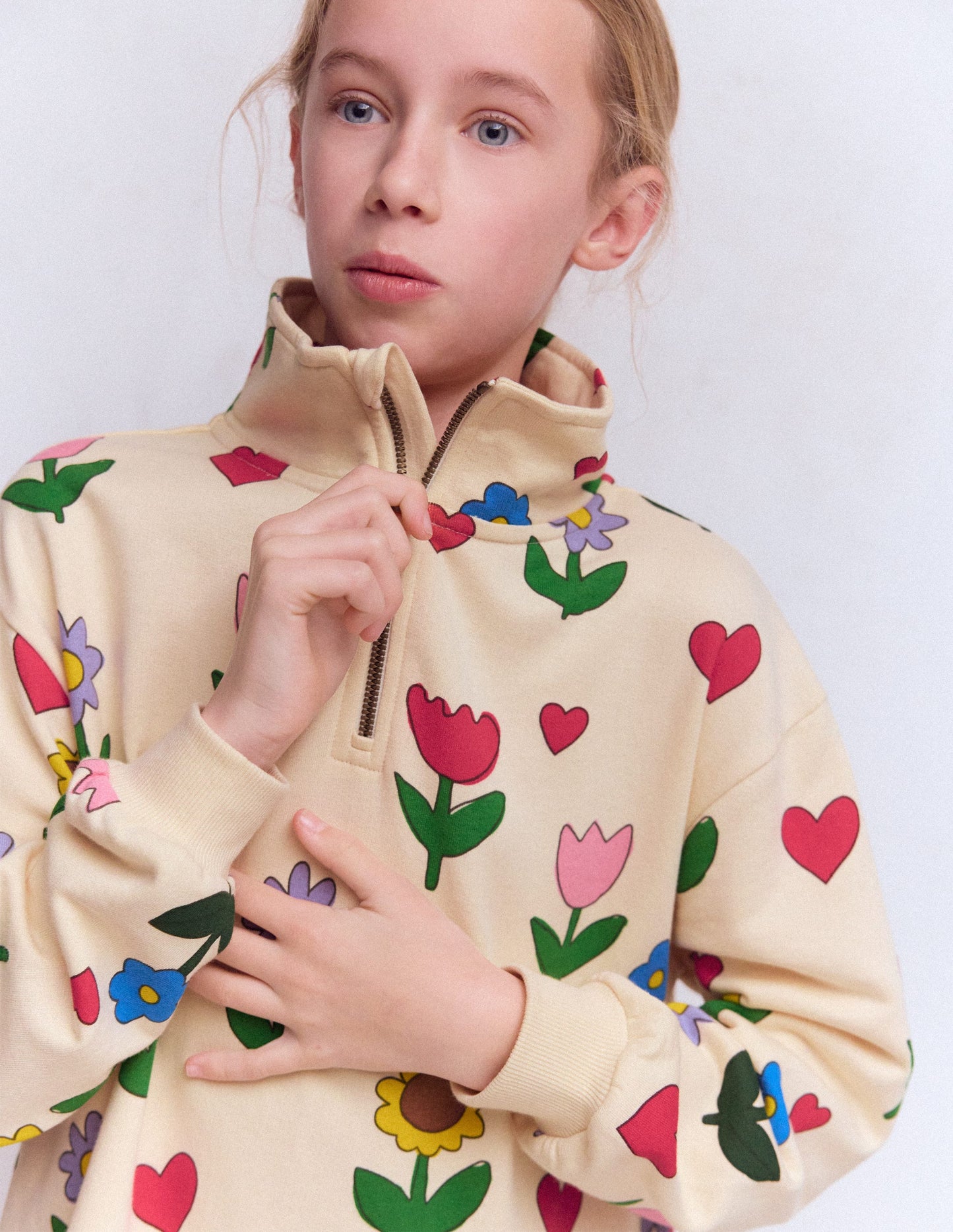 Half Zip Sweat Dress-Calico White Sunflower Garden