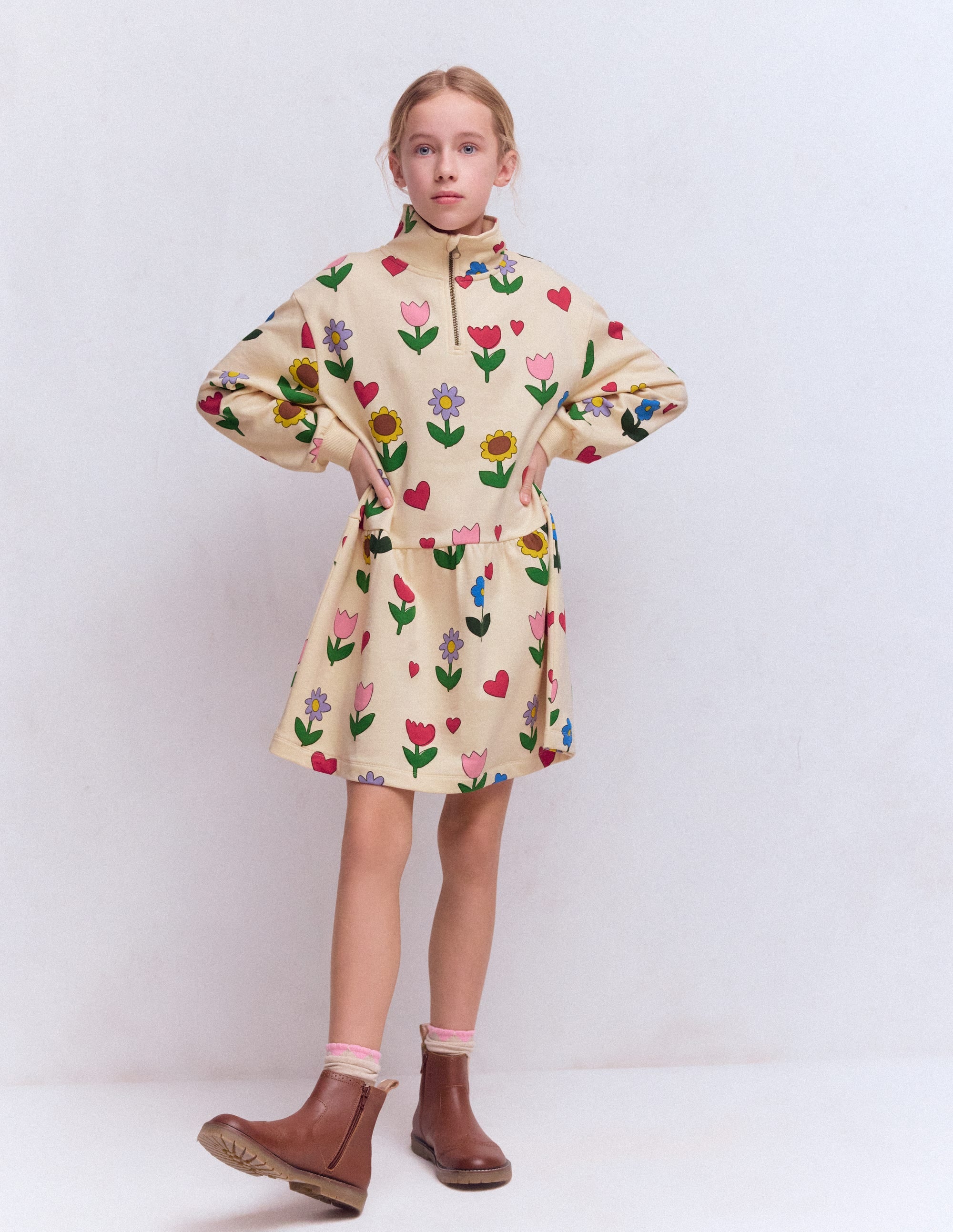 Half Zip Sweat Dress-Calico White Sunflower Garden | Boden USA