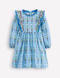 Long Sleeve Ruffle Dress-Glacier Blue Garden Stripe