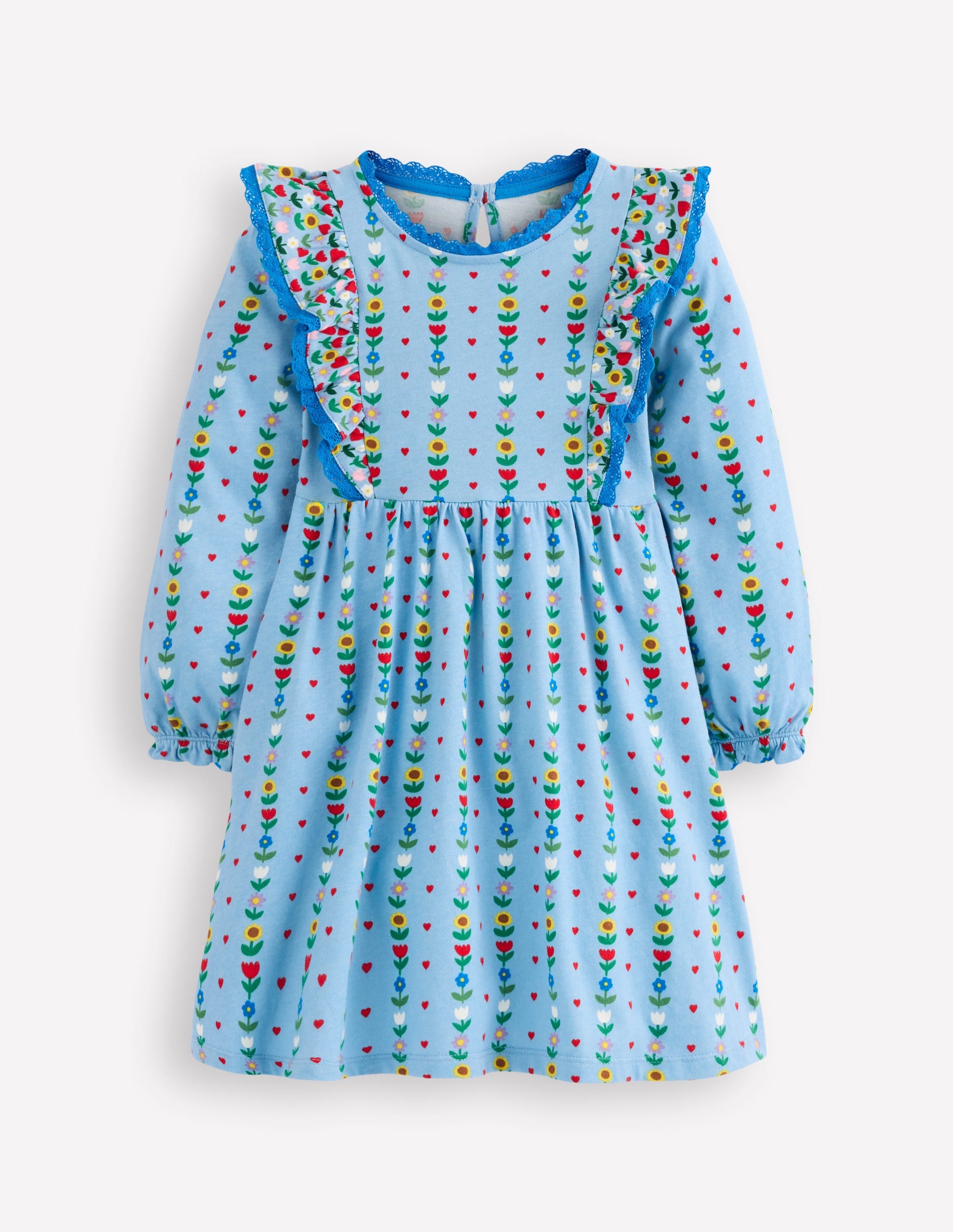 Long Sleeve Ruffle Dress-Glacier Blue Garden Stripe-1