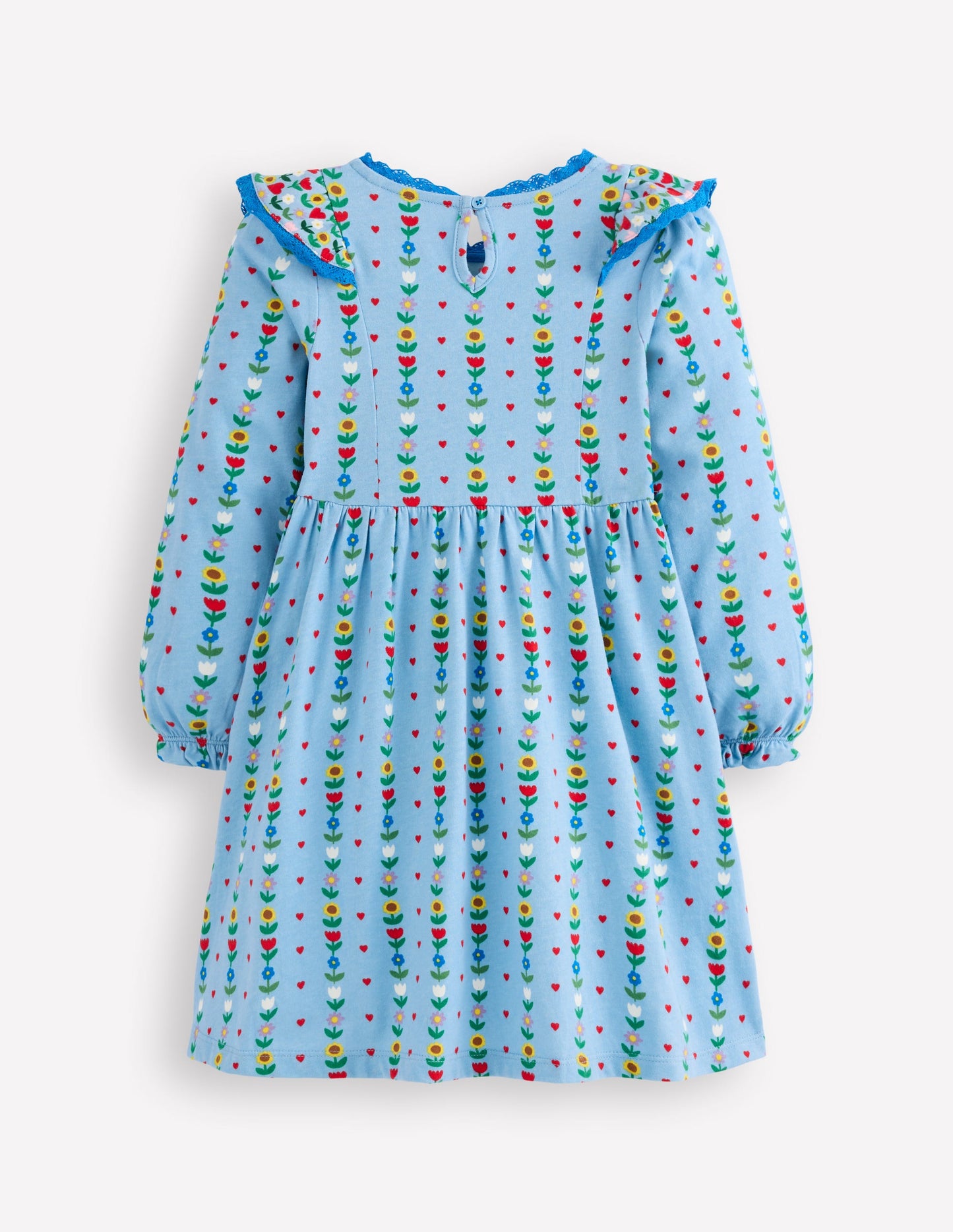 Long Sleeve Ruffle Dress-Glacier Blue Garden Stripe