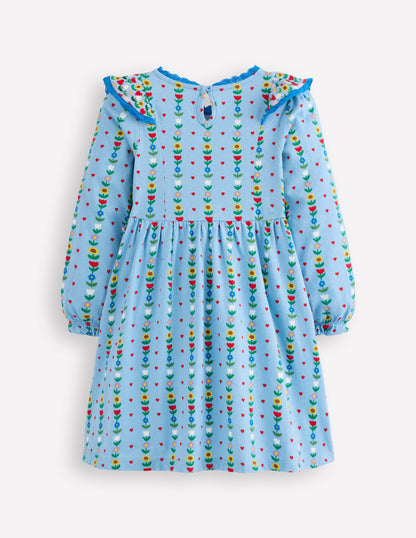 Long Sleeve Ruffle Dress-Glacier Blue Garden Stripe-2