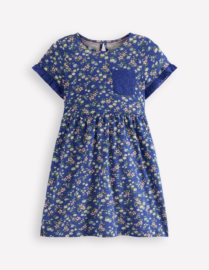 Broderie Pocket Jersey Dress-Sapphire Blue Meadow Floral