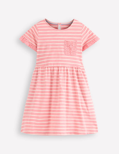Broderie Pocket Jersey Dress-Almond Pink Stripe-1