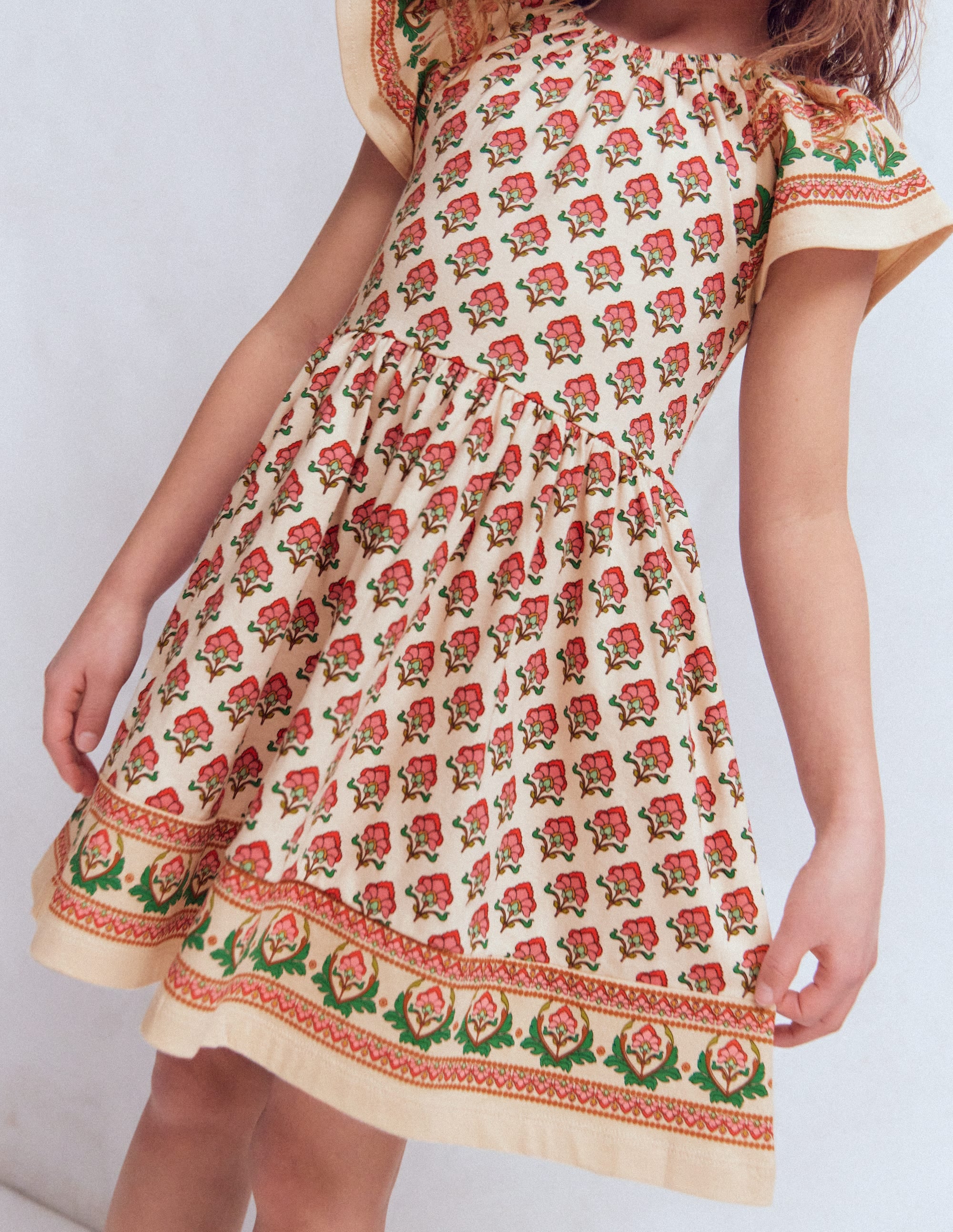 Flutter Sleeve Twirly Dress-Multi Woodblock Floral - Image 1